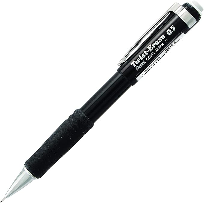 Pentel Mechanical Pencil 0.5 mm Twist Erase III, Twist Up Eraser, Pre-Loaded Super Hi-Polymer HB Lead, Black Barrel, 3-Pack