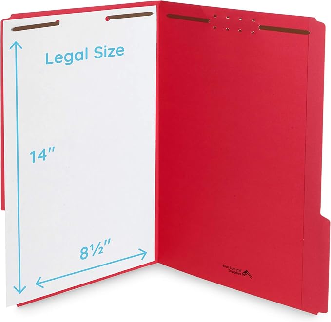 Blue Summit Supplies Red Legal File Folders with Fasteners, Legal Size, 1/3 Cut Reinforced Tabs, Durable 2 Prongs, Designed to Organize Standard Medical or Law Files, 50 Pack