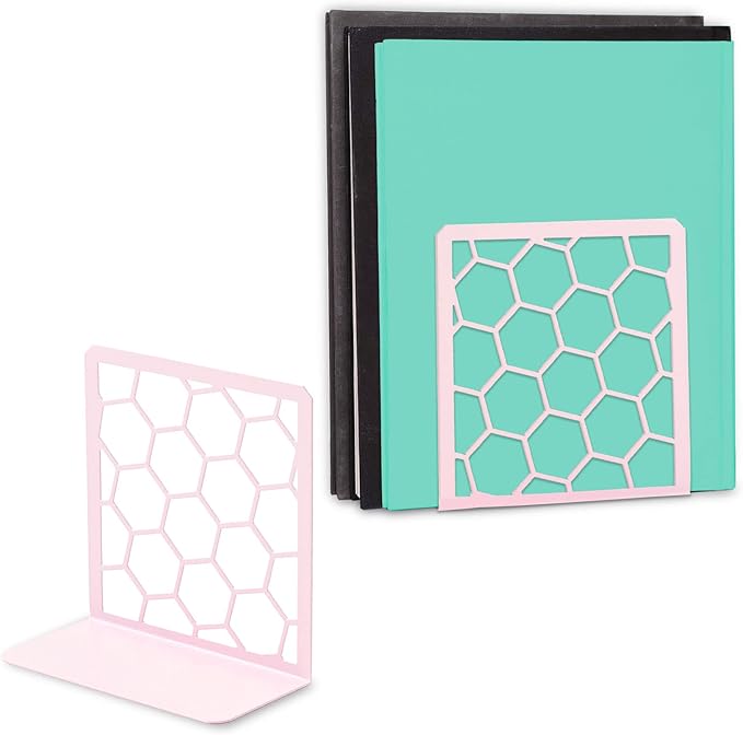 GEOMOD Geometric Honeycomb Pink Metal Bookends Decorative - Tall Sturdy Book Ends for Shelves - Modern Heavy Duty Bookend Stopper - Office or Home Book Shelf Book Holder - 6x3.25x6.25 Inches - 1 Pair
