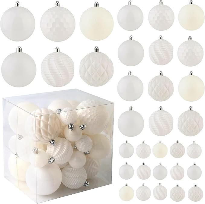 Christmas Balls Ornaments -36pcs Shatterproof Christmas Tree Decorations with Hanging Loop for Xmas Tree Wedding Holiday Party Home Decor,6 Styles in 3 Sizes(White)