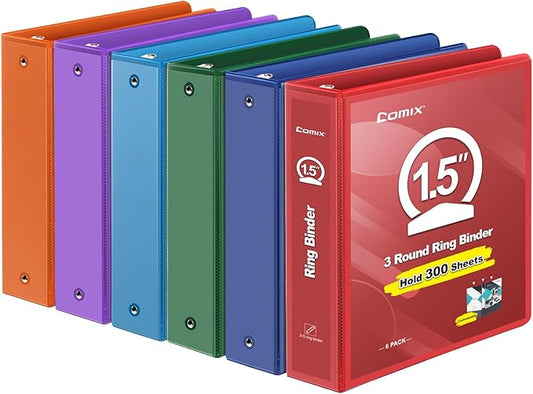 COMIX 3 Ring Binder 1.5 inch with Clear View Cover, 1.5" View Binder Holds 300 Sheets of US Letter Size Paper, 6 Pack (Assorted)