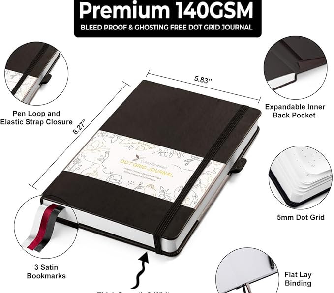 Dotted Journal – 140gsm Bleed Proof Thick White Paper – 200 Numbered Dot Grid Pages – 5.8 x 8.3 inch Bullet Dotted Notebook