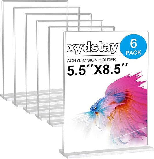 6pack Acrylic Sign Holder 5.5 X 8.5, Vertical T Shape Clear Plastic Menu Holder, Unbreakable Table Sign for Restaurant, Office, School, Store and Home Use