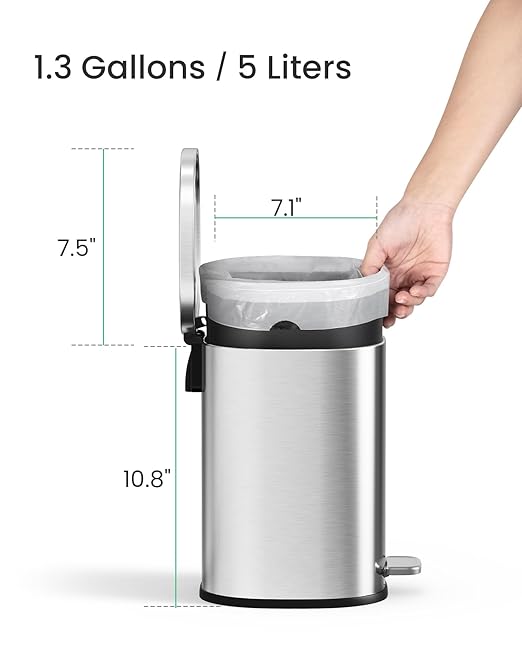 Cesun Bathroom Trash Can with Lid, 1.3 Gallon Small Garbage Can with Foot Pedal, Metal Round Wastebasket for Bathroom, Bedroom, Office, Silver