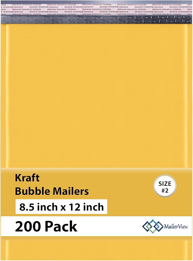 Kraft 8.5x12 Poly Bubble Mailers #2 | Padded Envelopes with Self Seal | Air Lined Cushioned Poly Mailer | Usable Size 8.5x11 | 200 Pack | Lightweight shipping Bags | Made in USA
