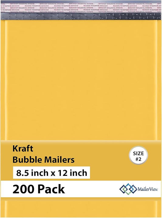 Kraft 8.5x12 Poly Bubble Mailers #2 | Padded Envelopes with Self Seal | Air Lined Cushioned Poly Mailer | Usable Size 8.5x11 | 200 Pack | Lightweight shipping Bags | Made in USA