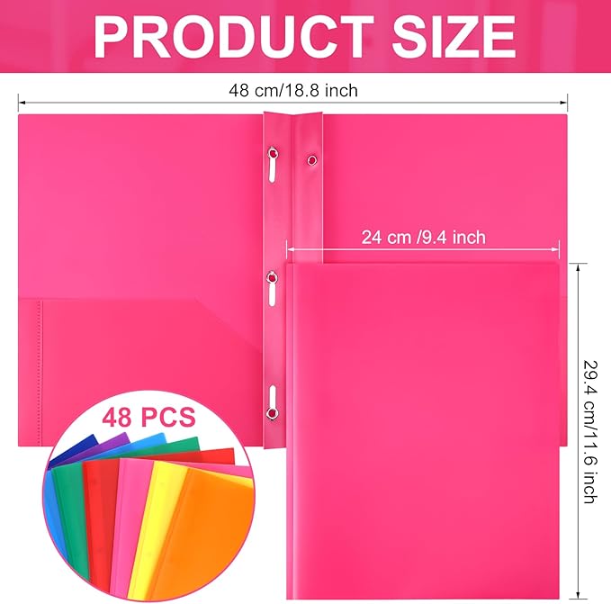 Patelai 48 Pcs Plastic Folders with 2 Pockets and 3 Prongs Home Folders with Card Slot Letter Size Heavy Duty Report Covers for Back to School(Cute Color,Classic)