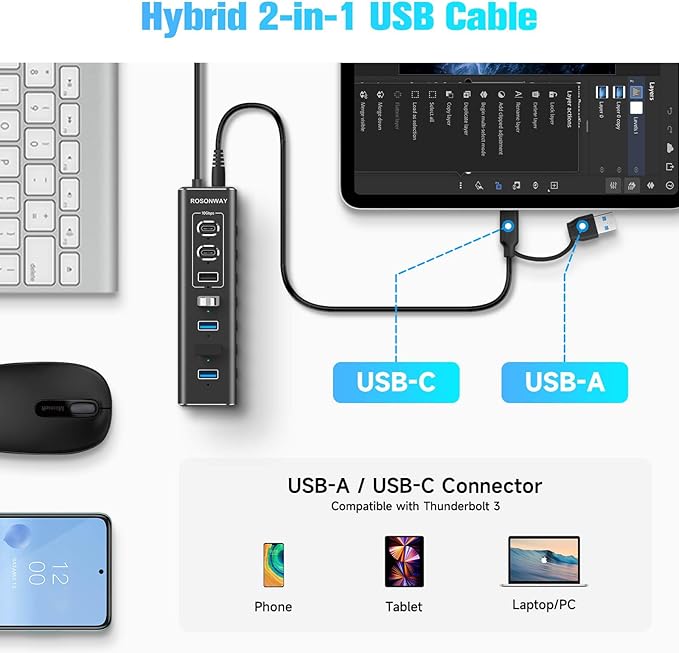 Powered USB Hub, Rosonway 7-Port USB 3.2/USB C Hub with 10Gbps USB-A 3.2, 2 USB-C 3.2, 4 USB 3.0 Ports, Individual Switches and 12V Power Adapter, Aluminum USB Port Expander for Laptop/PC, RSH-A107C