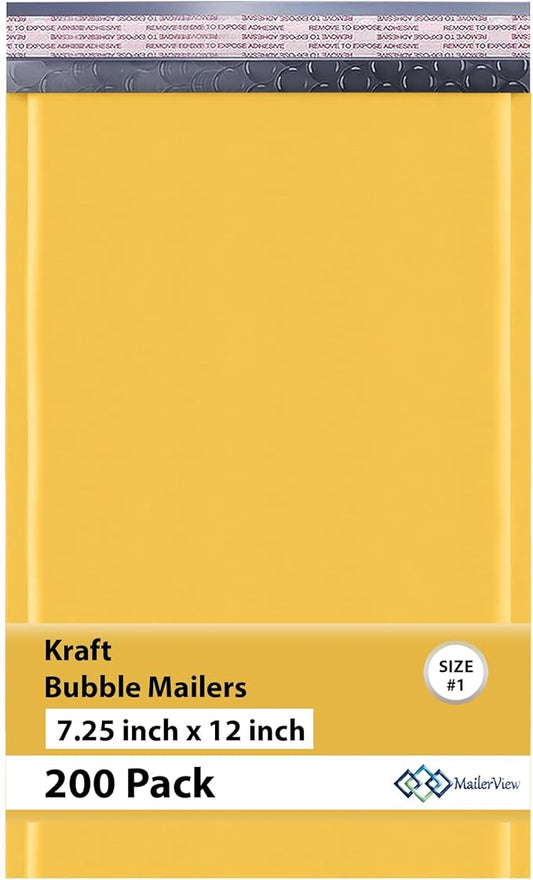 Kraft Bubble Mailers 7.25x12 inch #1 | Self Seal Padded Envelopes | Cushioned Bubble Mailer | Usable Size 7.25x11 | Lightweight mailing Shipping Bags | 200 Pack Bulk | Made in USA