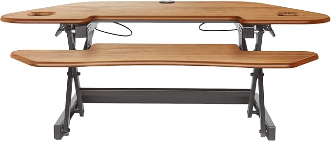 Rocelco 46" Large Height Adjustable Corner Standing Desk Converter - Quick Sit Stand Up Dual Monitor Riser - Gas Spring Assist Computer Workstation - Wide Keyboard Tray - Teak Wood Grain (R CADRT-46)