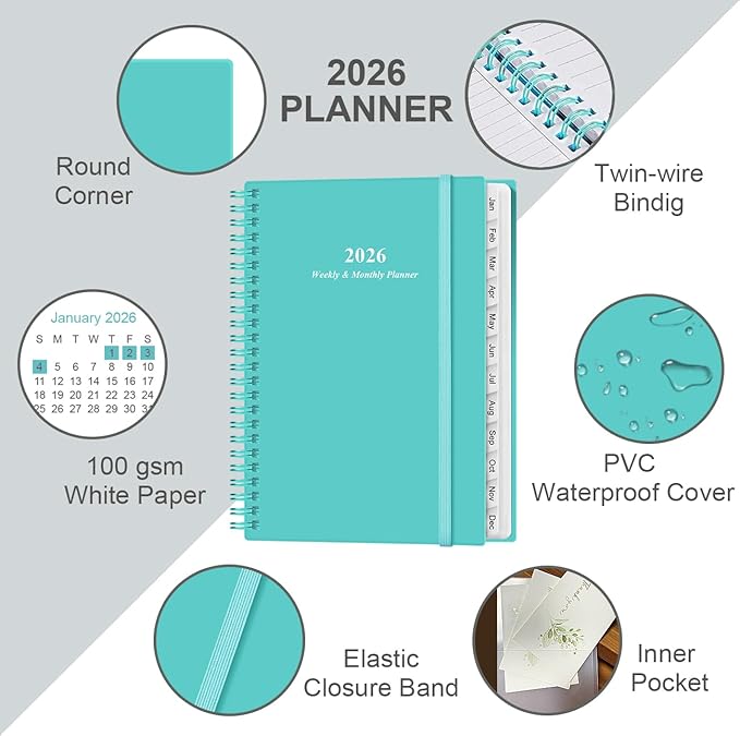 2026 Planner - A5 Weekly & Monthly Planner Spiral Bound, January 2026 - December 2026, with Flexible Cover, Tabs, Inner Pocket, 6.4" x 8.5", Teal
