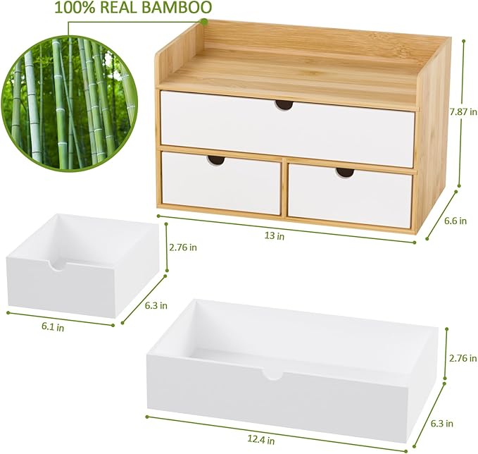 Wisuce Desk Organizer with Drawers - Bamboo Desktop Organizer Storage | Natural-White Wood Desk Drawers Organizer for Bills, Office Supplies, Cosmetics, Seals No Assembly Required