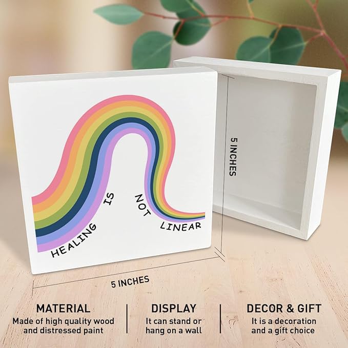Therapy Office Desk Wooden Box Sign Decor, Mental Health Wood Box Sign Decorations for School Psychologist Therapy Office, Gifts for Therapist Psychologist School Counselor, Healing Is Not Linear