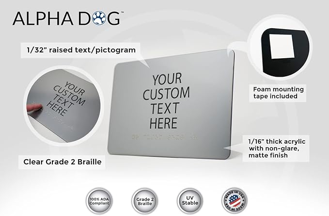 ALPHA DOG ADA SIGNS Custom ADA Compliant Braille Sign, 6"x9" Room Identification Plaque, Tactile Text, Raised Letters, Personalized 4-Line, Indoor/Outdoor, USA-Made (Brushed Stainless)