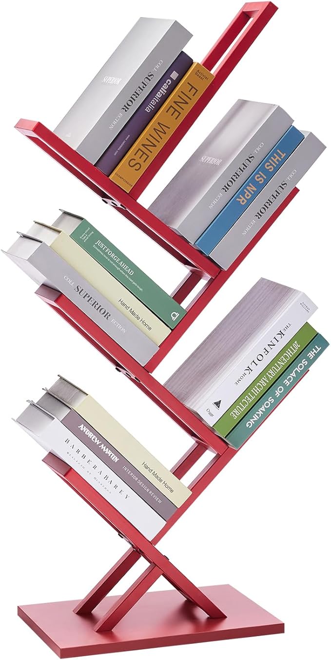 5 Tier Tree Bookshelf, Floor Standing Bookshelf for Narrow Space,Storage Organizer Bookshelves for Books/CDs/Magazine, Bookcase with Shelves for Home Office, Living Room-Red