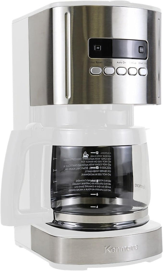 Kenmore drip Coffee Maker - 12 Cup programmable cafe machine with glass pot, regular & bold brew, auto shut off large water reservoir, reusable filter, kitchen appliances for cafeteria barista, White
