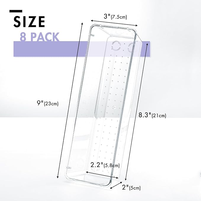 HOUSE DAY Desk Drawer Organizer Bins 8 PCS, 9*3*2" Clear Drawer Organizers with Silicone Pads, Vanity Organizers and Storage, Non Slip Plastic Drawer Organizer for Makeup, Bathroom, Kitchen, Office