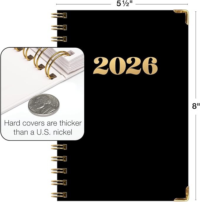 HARDCOVER 2026 Planner, 5.5"x8": 14 Months (November 2025 - December 2026), Daily Weekly Monthly Planner, Yearly Agenda, Bookmark, Pocket Folder and Sticky Note Set (Black Gold Numbers)