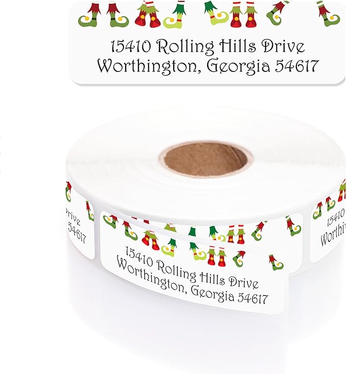 Whimsical Elf Shoes Rolled Address Labels / 500 Personalized Return Address Labels/Designer Address Stickers in Elegant Plastic Dispenser