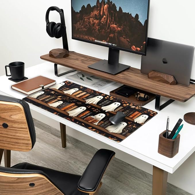 Cute Ghost Desk Mat Bookish Desk Pad XXL Mouse Keyboard Pad, Dark Academia Desk Pad Medieval Flower XXL Mousepad Extended Laptop Computer Keyboard Mat with Stitched Edges Funny Deskpad 31.5x15.7 in