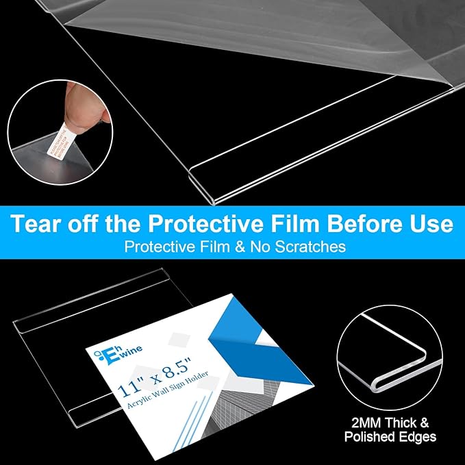 EHWINE 3 Pack 8.5 x 11 Wall Mount Acrylic Sign Holder, Horizontal Wall Signs Photo Menu Flyer Display Holders, Plastic Clear Acrylic Frames for Office Home Hotel Business Store (with Adhesive Tape)