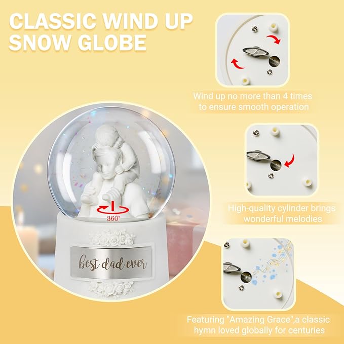 Fathers Day Snow Globe, 5.9" Wind Up Music Box for Father's Day Decorations Birthday Gifts for Dad Father Men Adults Kids