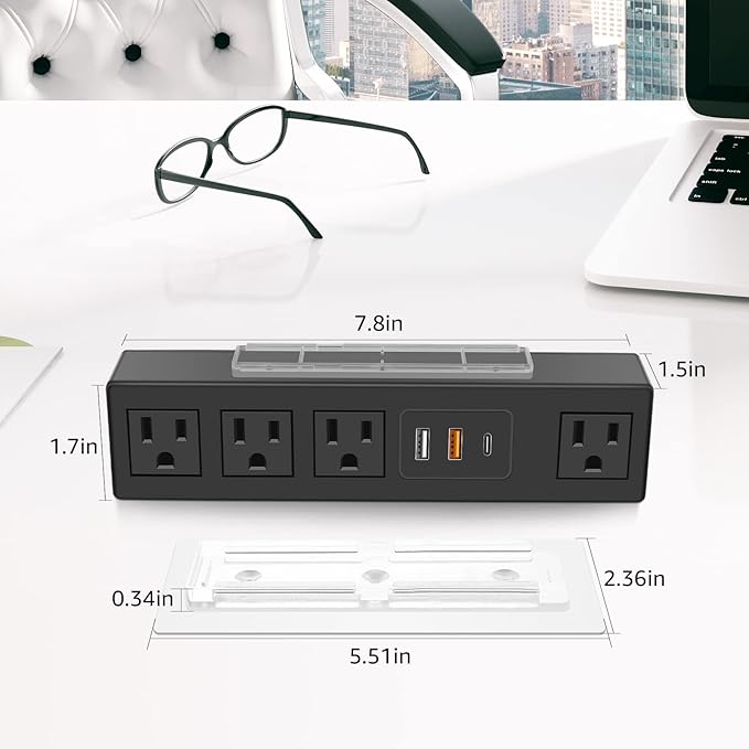 HHSOET Under Desk Power Strip with 3M Adhesive, Removable Under Desktop Mount Plug with Fast Charging USB C and USB A Ports, 4 Outlet Under Table Surge Protector 1200J, 6FT Extension Cord. (Black)