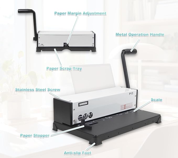 RAYSON P13 Manual Coil Binding Machine | Adjustable Side Margin | 12 Sheet Punch Capacity | Binds Up to 440 Sheets | Heavy-Duty Coil Crimping Pliers Included