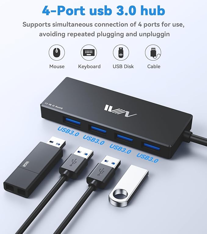 USB 3.0 Hub,4 Port USB Splitter Extender Portable Adapter Multiport Data Hub for Laptop,Xbox, Flash Drive,HDD,Console,Camera,Keyborad,Mouse Windows,Mac OS PC,Not Designed to Charge Devices-Black