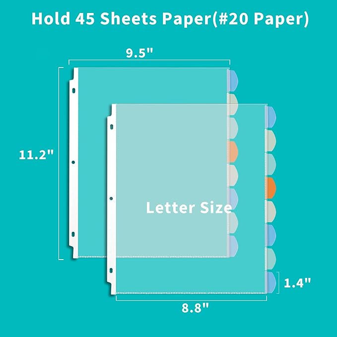 Binditek 16 Pack Heavyduty Clear Sheet Protectors with 8 Tabs, Sturdy Binder Sheet Protectors for 3 Ring Binder Letter Size, Multicolor Tabs, 8.5 x 11 Inches, Polypropylene, 2 Set, Label Sticker