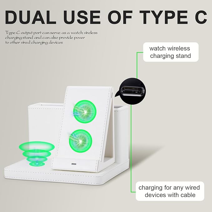 Leather Desk accessories Pen Holder with 3-in-1 Wireless Charger for Phone, Earbuds, Watch Multifunctional Desktop Phone Stand for Office and Home,birthday gifts,gifts for him (white)