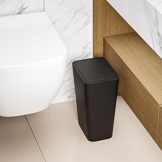 12L Black Covered Bathroom Trash Can,Office Trash Cans for Near Desk,Slim Bedroom Cute Small Trash Can,3.17Gallon Plastic Pet/Dog Proof Bathroom Garbage Can,Thin Waste Basket for Room,Kitchen Trashcan