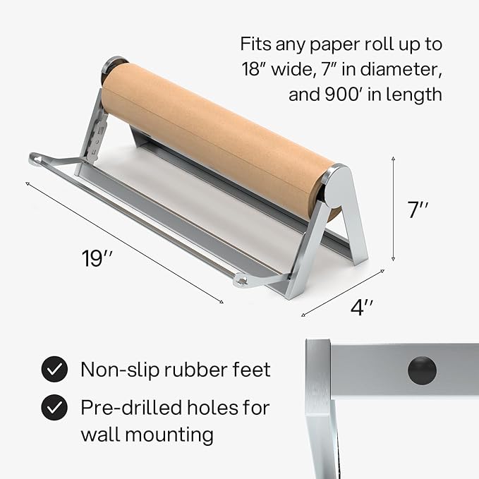 Kenley Butcher Paper Dispenser - Large Holder and Cutter for Wrapping Butcher Craft Freezer Paper Roll 18 Inch - Wall Mount or Tabletop - Carbon Steel Non-Slip Cutter with Serrated Blade - Easy to Use