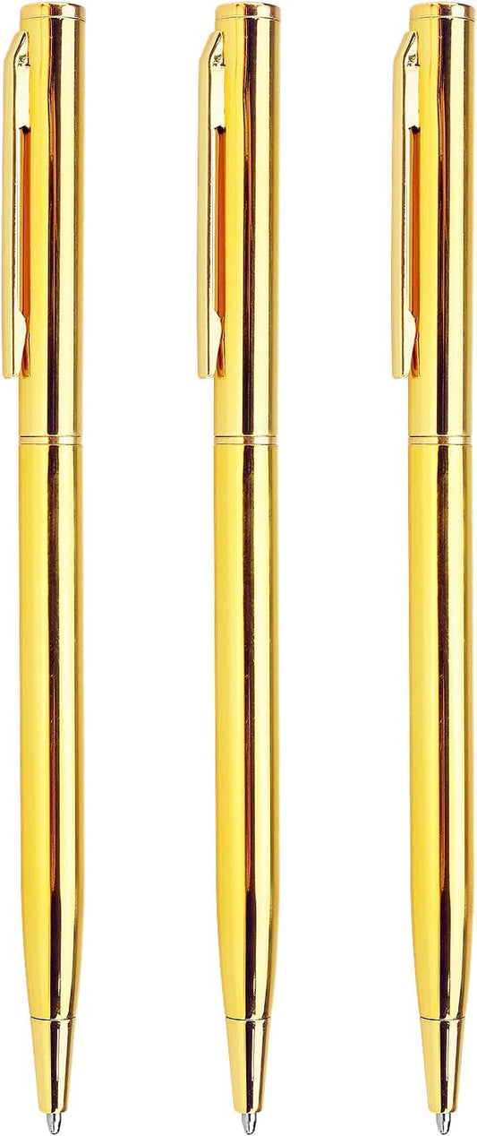 3 Pack Slim Ballpoint Pens Black ink Medium Point 1.0 mm Writting Pen, Great Gift for Wedding Business Office Students Teachers Christmas (Gold)