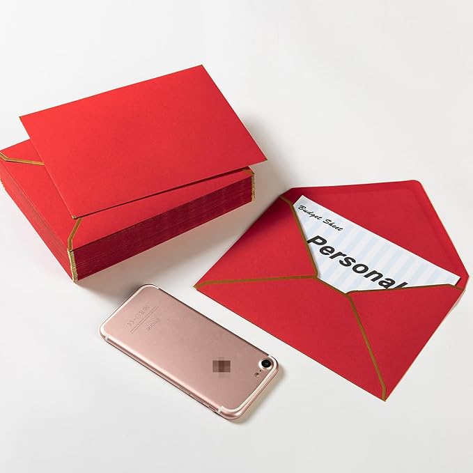 100 Pack Red A7 Envelopes 5 x 7 Card Envelopes with Gold Border for Office, Wedding Gift Cards, Invitations, Graduation, Baby Shower, Parties (5.32 x 7.28 Inches)