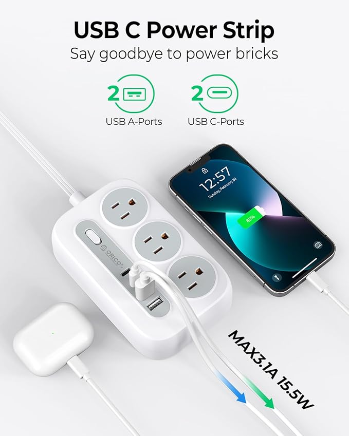 ORICO Surge Protector Power Strip, Multiple Outlets Extension Cord with 6 AC Outlets 2 USB-A and 2 USB-C Ports, 10 ft Long Flat Plug Power Strip, Mountable Outlet Extender for Dorm/Office/Home- OG