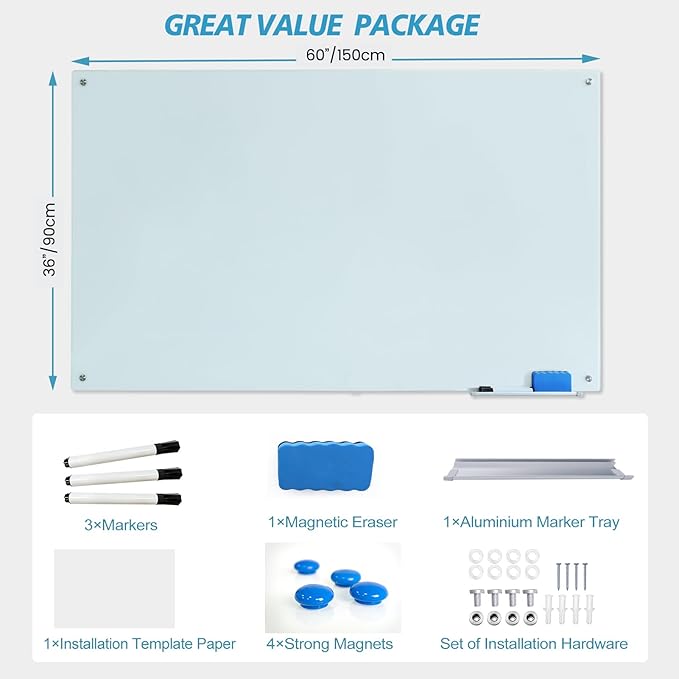 Magnetic Glass Dry Erase Board 36"x60" Glass Whiteboard 36"x60" Wall Mounted White Glassboard Frameless Writing GlassBoard for Office School Home Shop