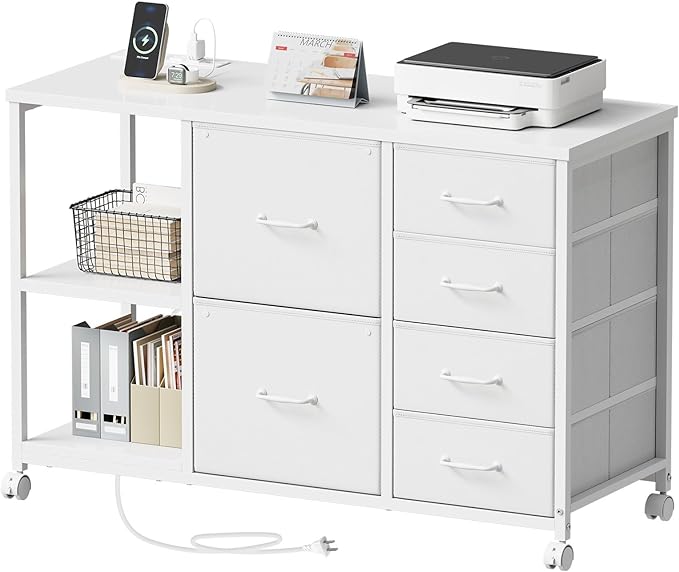 6 Drawer File Cabinet with Charging Station Rolling Printer Stand with Open Storage Shelf Fabric Lateral Filing Cabinet for Home Office,White