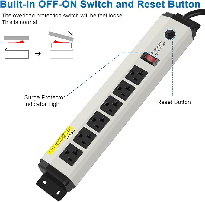 CCCEI 2 of 12 Gauge Heavy Duty Power Strip Surge Protector 4800J, 20 Amp 6 Plug Industrial Shop Garage Metal Multiple Outlet, 4FT Extension Cord 5-15P Adapter High Amp 6-20R T-Slot 20a for Appliance.