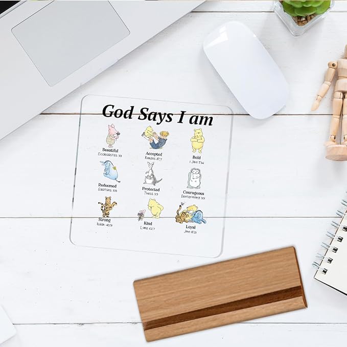 Pooh Bear Gifts for Women Christian Gifts Inspirational Gift God Says Pooh Clear Desk Decorative Sign Acrylic Sign With Wooden Stand for Office Desk Table Shelf