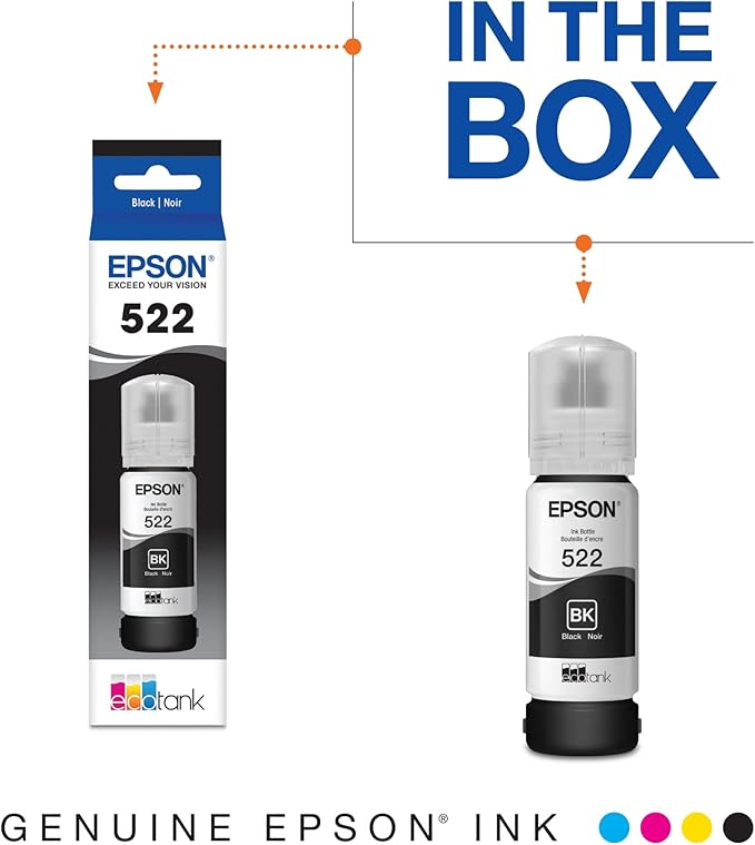 Epson EcoTank ET-2800 Wireless Color All-in-One Cartridge-Free Supertank Printer & 522 EcoTank Ink Ultra-high Capacity Bottle Black (T522120-S)