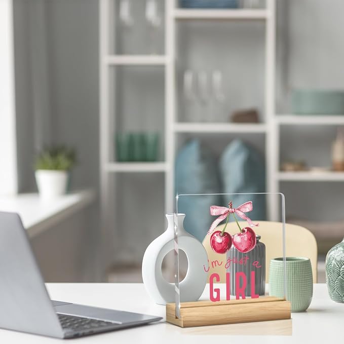 Preppy Coquette Cherry Gifts Pink Girl Room Decor for Cherry Lover Bow Sign Acrylic Sign Plaque Table Decorations for Home Farmhouse Bedroom