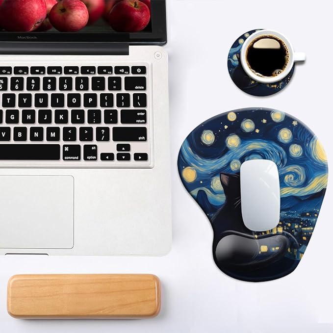 Ergonomic Mouse Pad with Wrist Support,Mouse Pad with Wrist Rest and Coaster Set,Office Supplies Non-Slip Mouse Pads for Desk, Non-Slip Comfortable,Cute Black Cat