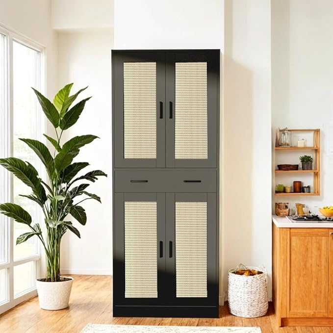 71" Tall Black & Rattan Pantry Cabinet - Boho Chic Kitchen Storage with Doors & Drawer for Dining Room, Hallway or Kitchen Organization
