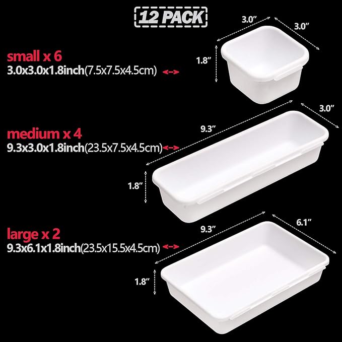Set of 12 Interlocking Desk Drawer Organizer Tray Dividers Plastic Shallow Narrow Drawers Organizers Separators Storage Bins Container for Kitchen Bathroom Makeup Office Vanity Bedroom Dresser White