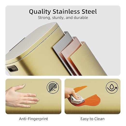 KUK 13 Gallon/50L Stainless Steel Kitchen Trash Can with Lid and Step Pedal-Large Capacity Garbage Bin with Odor Seal, Silent Close Lid, Removable Inner Bucket, Titanium Gold