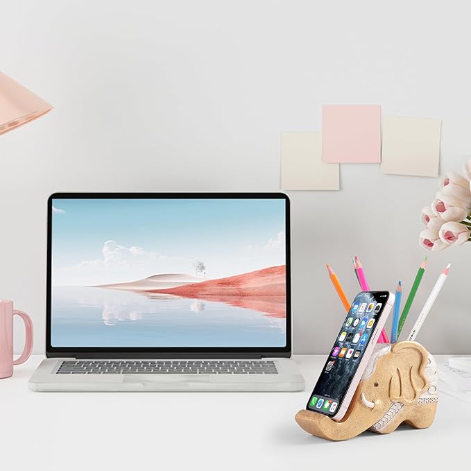 MOKANI Elephant Pencil Holder with Phone Stand, Elephant Gifts for Women Multifunctional Pen Holder Office Desk Organizer Desk Accessories Desk Decor Decorations Thanksgiving Christmas Gifts