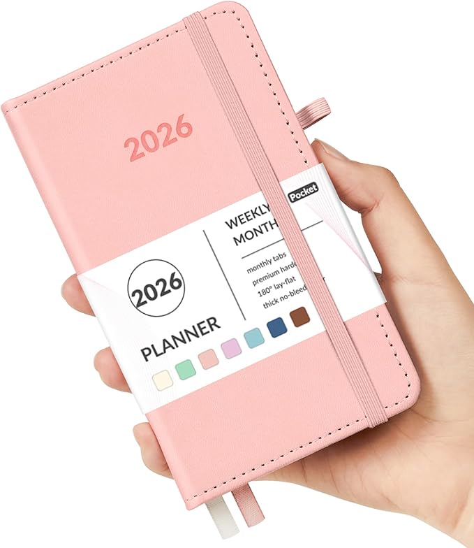Forvencer Pocket Planner 2026, Weekly Monthly Planners with Month Tabs for Purse, 3.5" x 6", Jan 2026-Dec 2026, Cute Small Daily Academic Calendar, Elastic Band, Hardcover Agenda for Women, Teacher