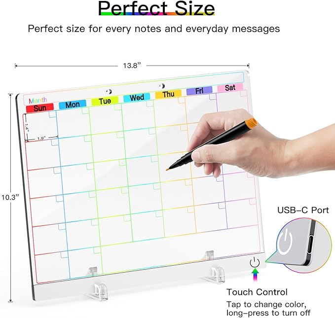 Acrylic Dry Erase Board Calendar with Light, 13.7"X10" LED Note Board with 6-Color Neon Glow Memo Monthly Planning Board for Gift/Room/Office/Wall with Stand, 7 Markers, White