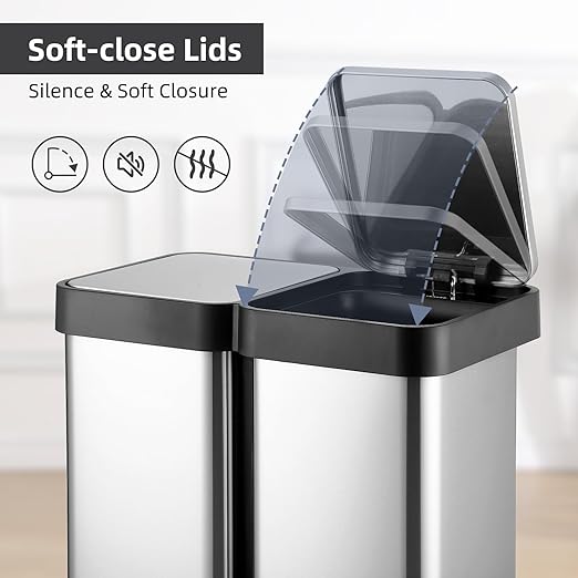 Kitchen Trash Can, 2 x 7.93 Gal (2 x 30L) Dual Trash Can with Recycle Bin, Stainless Steel Garbage Can, Fingerprint-Resistant Soft-Close Dual Recycling Bins for Kitchen